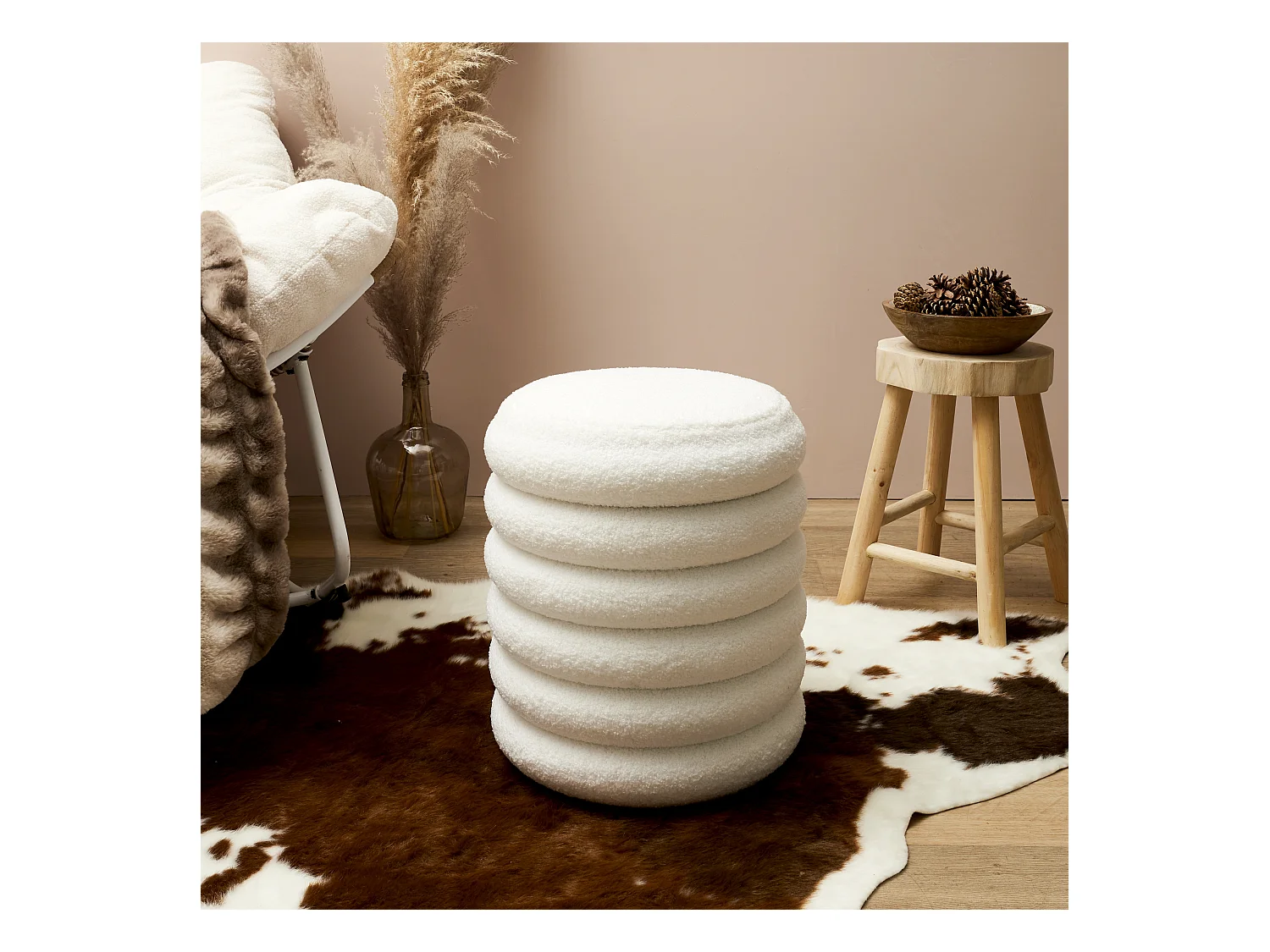 Pouf Rangement Bouclette Freya Blanc