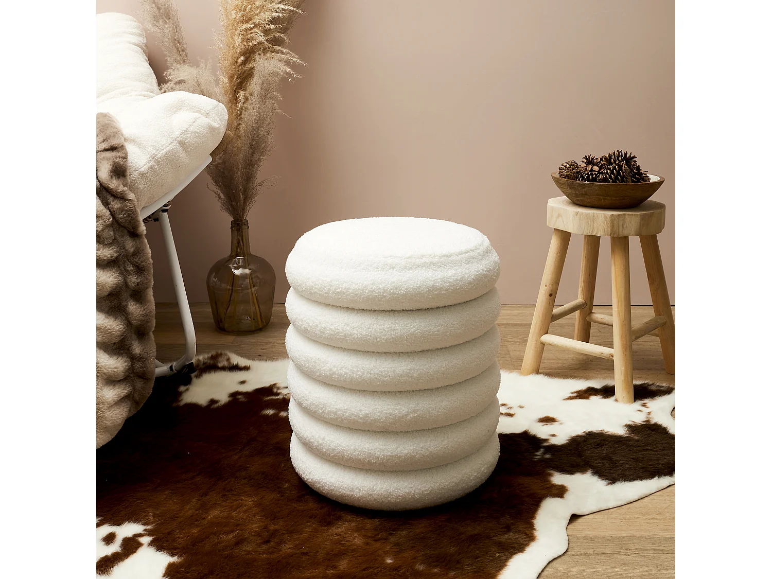 Pouf Rangement Bouclette Freya Blanc