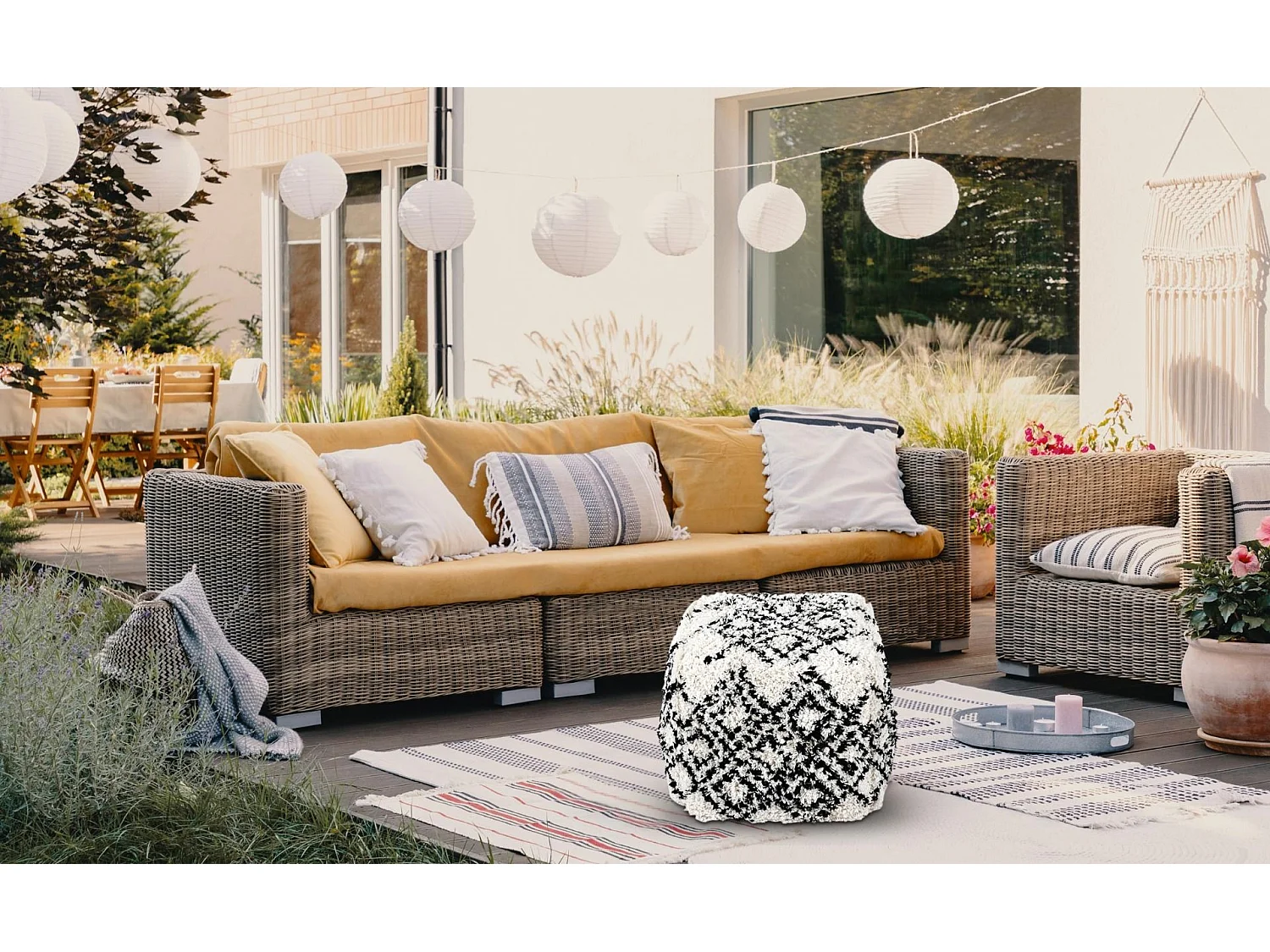 Pouf en Tissu "Lhassa" 40cm Blanc & Noir