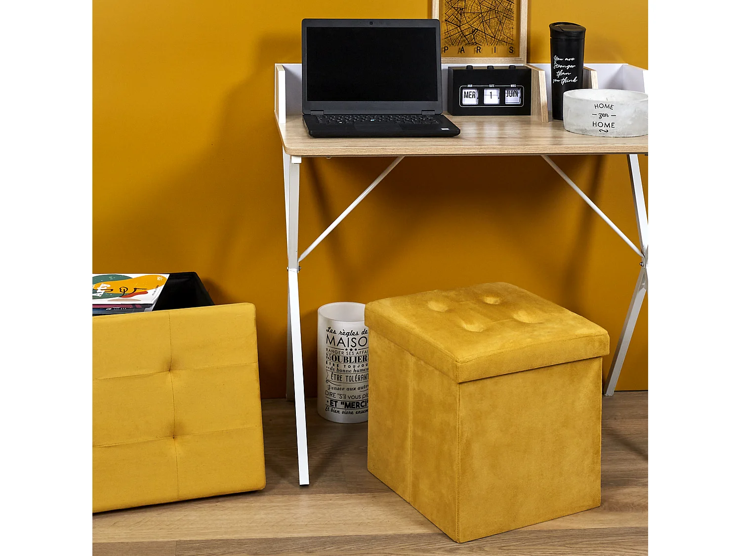 Coffre Pouf Pliable Suedine Jaune