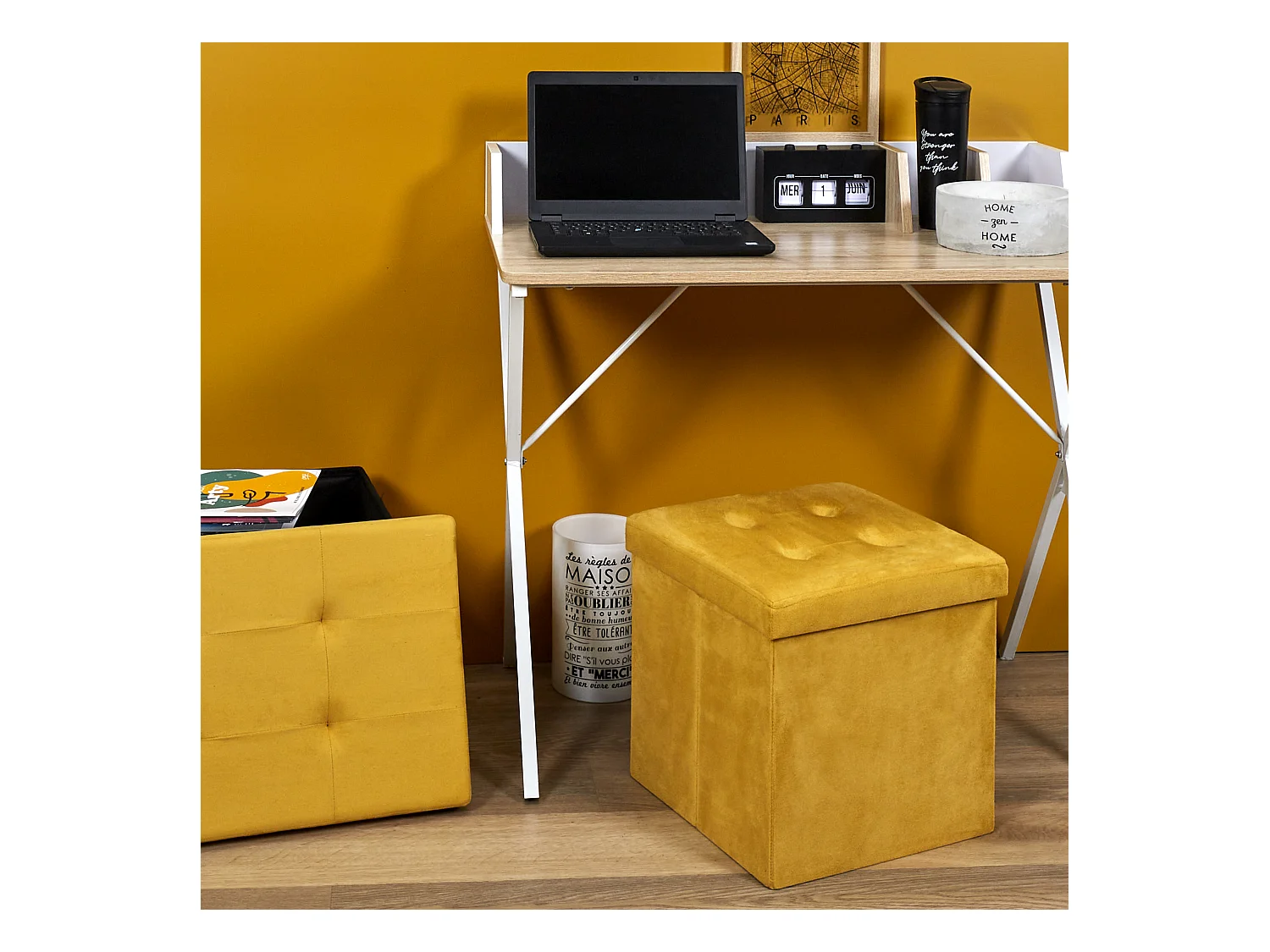 Coffre Pouf Pliable Suedine Jaune