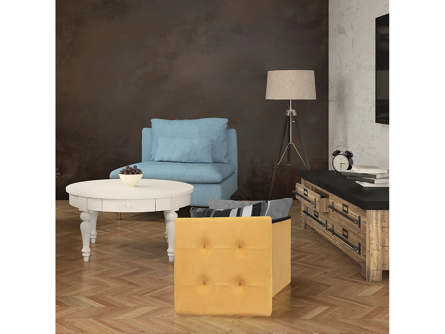 Coffre Pouf Pliable Suedine Jaune