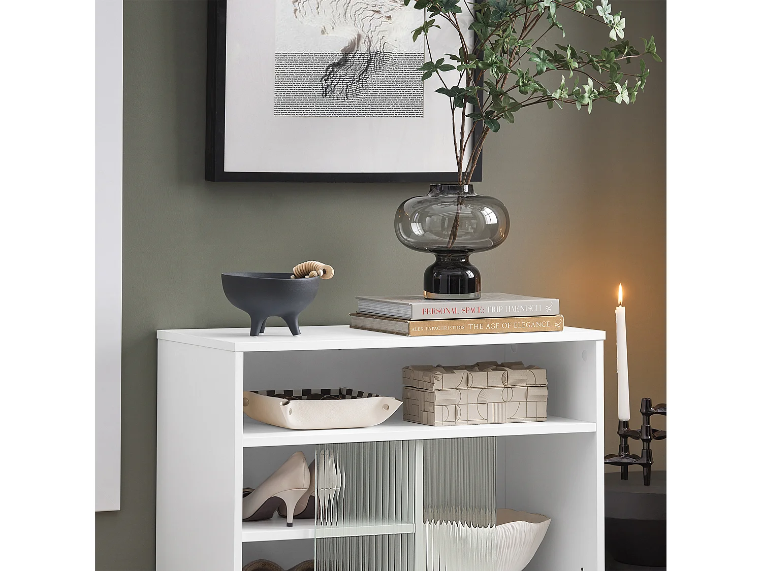 SoBuy Meuble d'entrée, Meuble de Rangement, Buffet avec Porte Coulissante en Verre, Commode à Chaussures, Blanc, 70 x 34 x 90 cm, FSB61-W