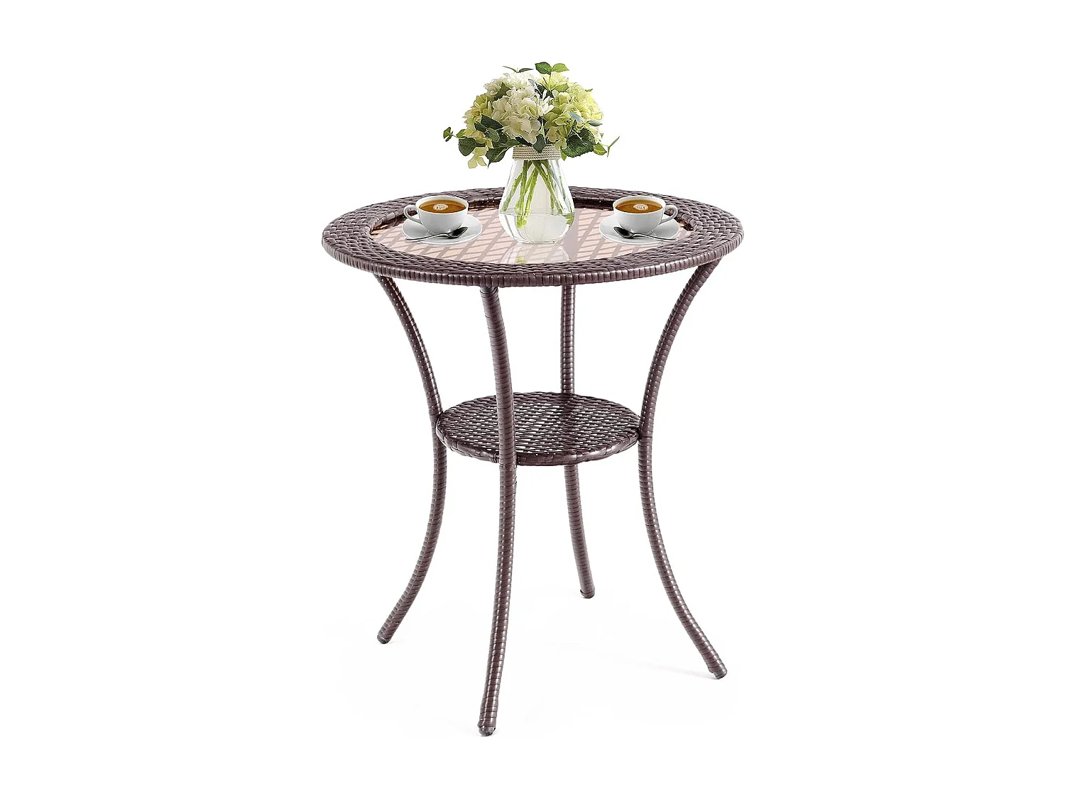 Table Basse Jardin en Rotin PE, Verre Trempé Cadre en Fer Anti-Rouille Espace de Rangemen pour Balcon Terrasse