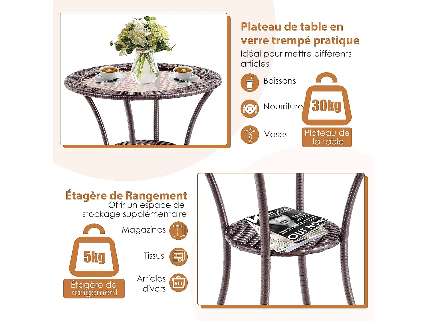Table Basse Jardin en Rotin PE, Verre Trempé Cadre en Fer Anti-Rouille Espace de Rangemen pour Balcon Terrasse