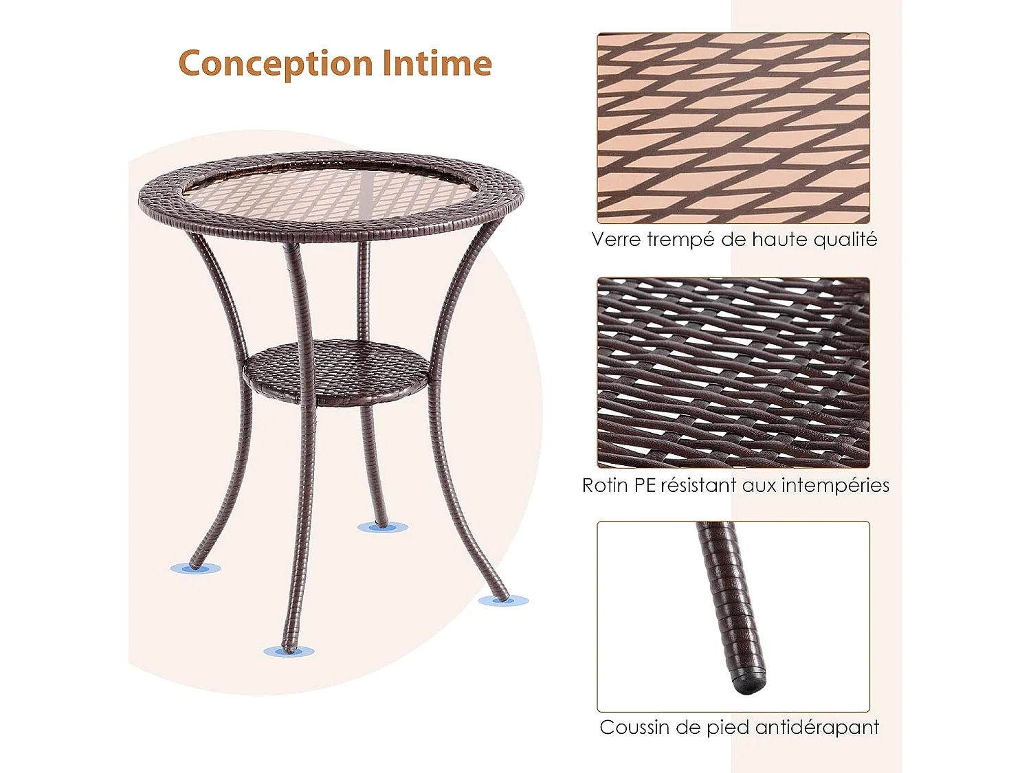 Table Basse Jardin en Rotin PE, Verre Trempé Cadre en Fer Anti-Rouille Espace de Rangemen pour Balcon Terrasse