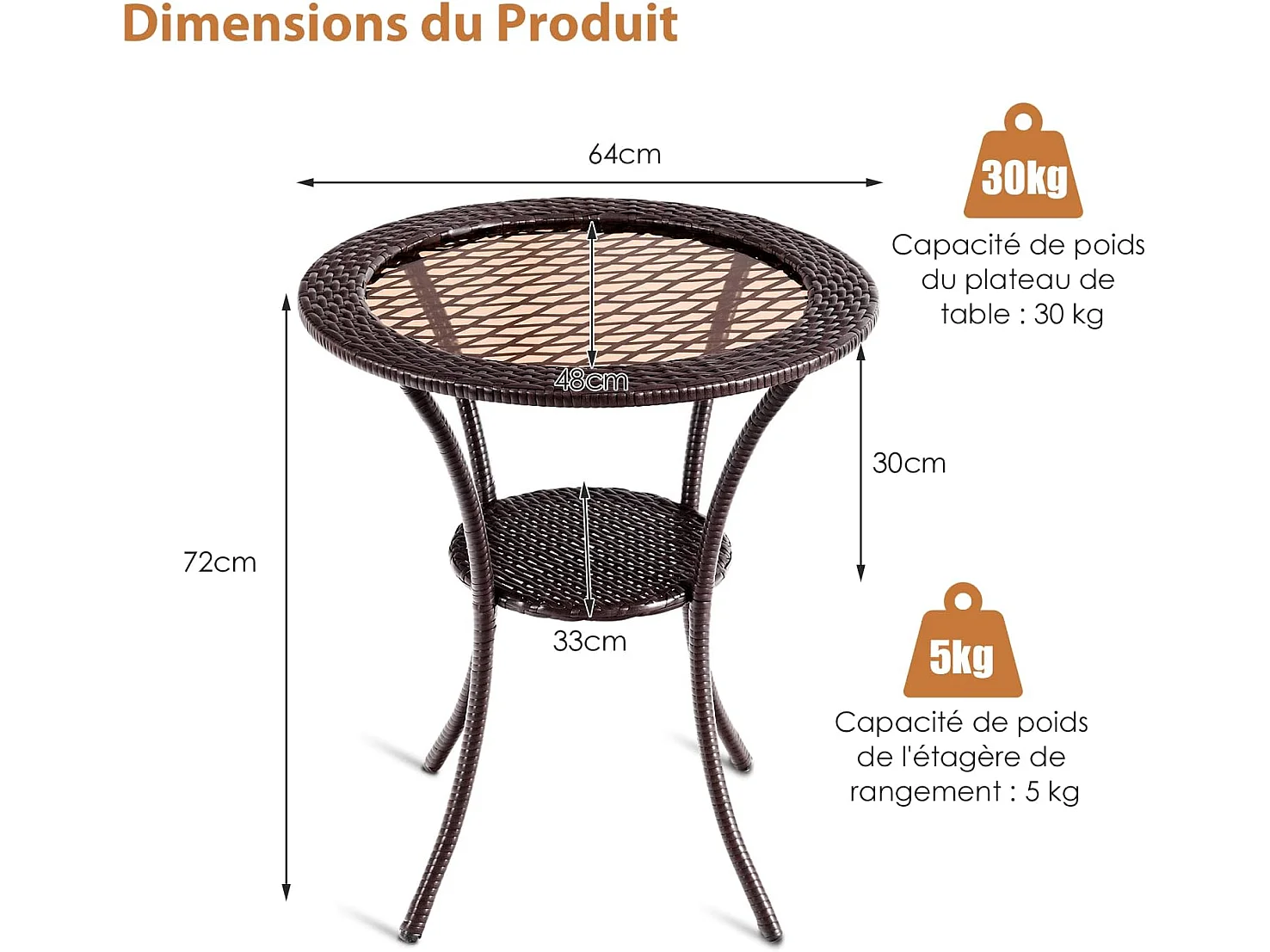 Table Basse Jardin en Rotin PE, Verre Trempé Cadre en Fer Anti-Rouille Espace de Rangemen pour Balcon Terrasse
