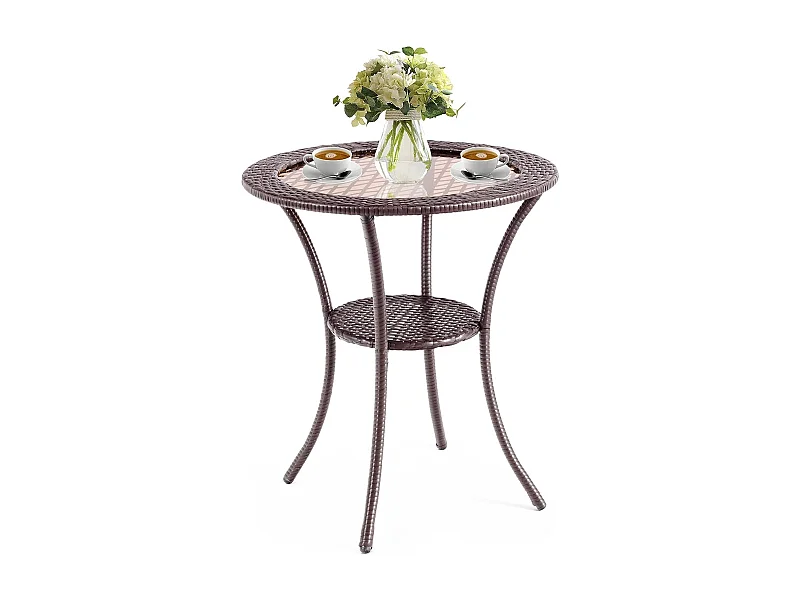 Table Basse Jardin en Rotin PE, Verre Trempé Cadre en Fer Anti-Rouille Espace de Rangemen pour Balcon Terrasse