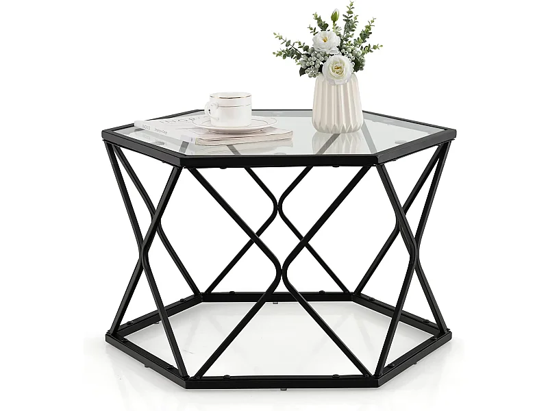 Table Salon Basse avec Plateau en Verre Trempé, 65 x 56 x 40cm, Noir