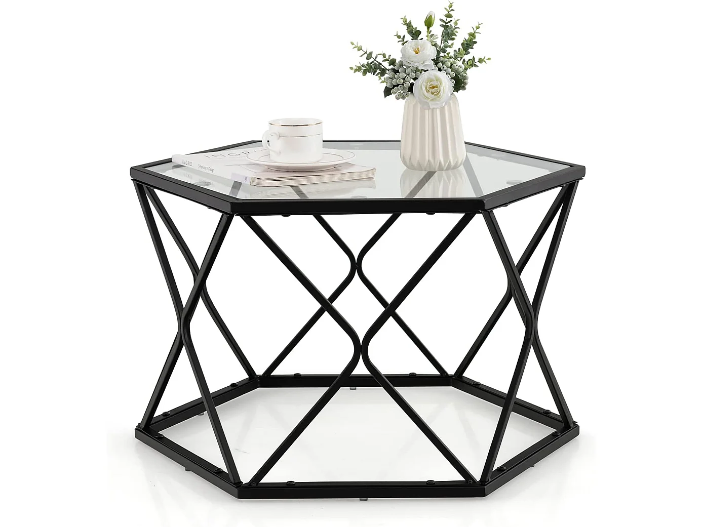 Table Salon Basse avec Plateau en Verre Trempé, 65 x 56 x 40cm, Noir