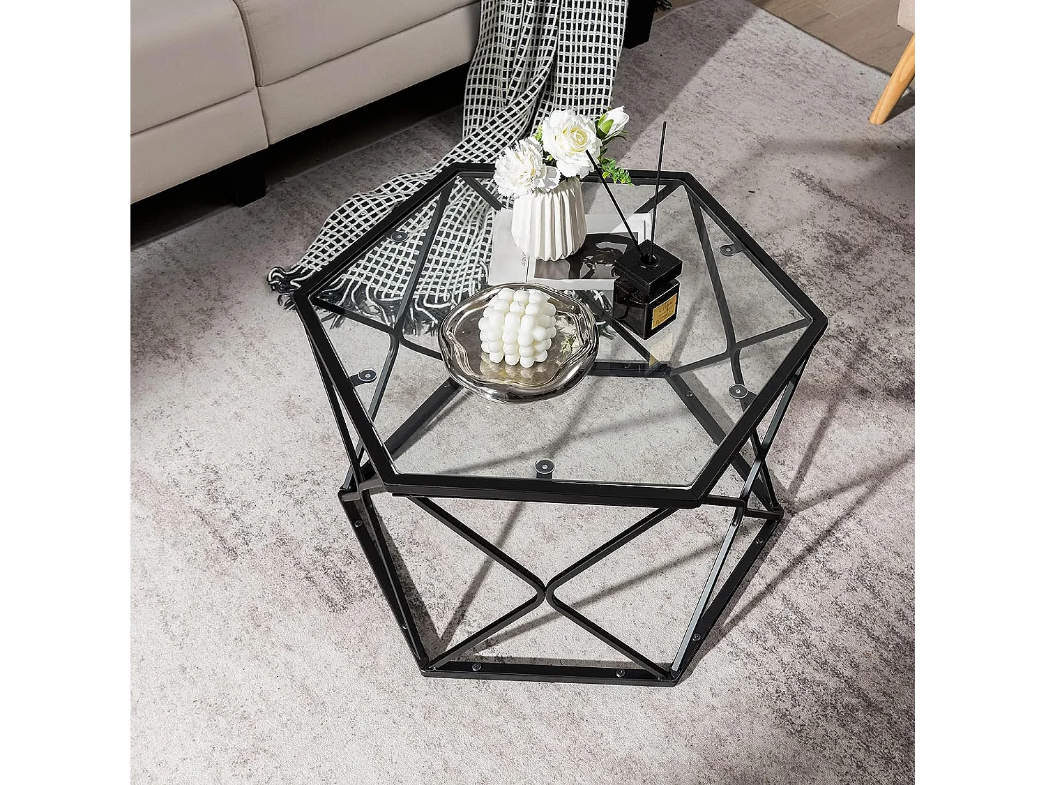 Table Salon Basse avec Plateau en Verre Trempé, 65 x 56 x 40cm, Noir