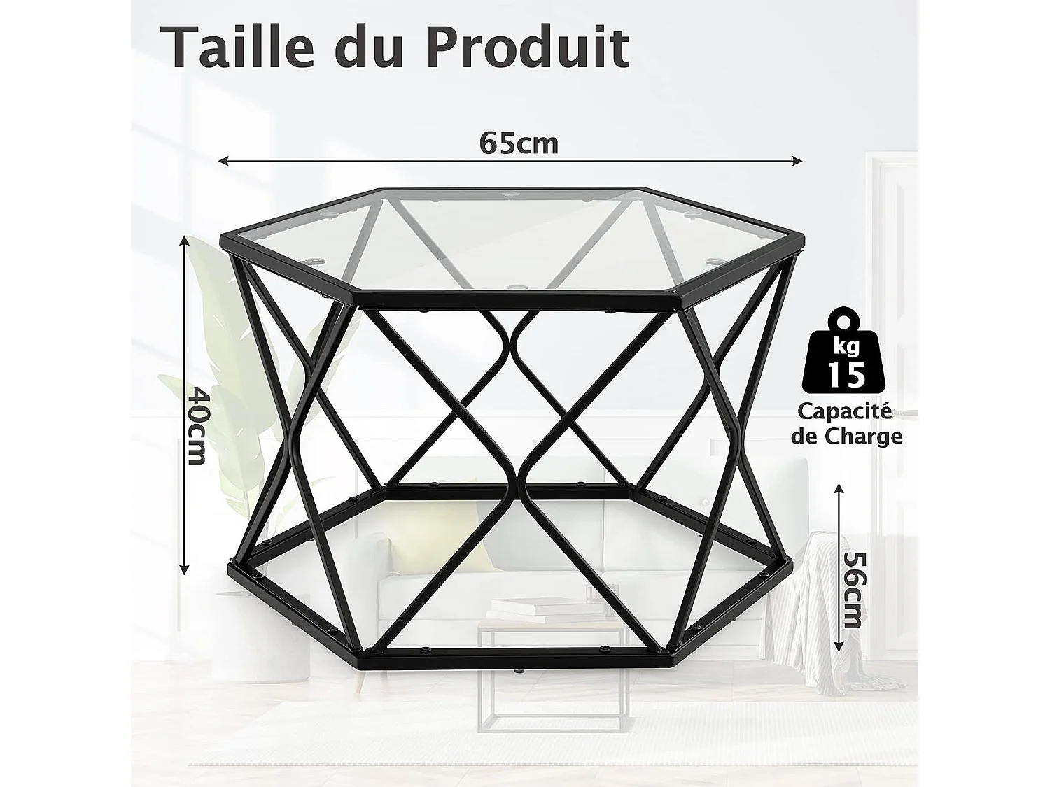 Table Salon Basse avec Plateau en Verre Trempé, 65 x 56 x 40cm, Noir