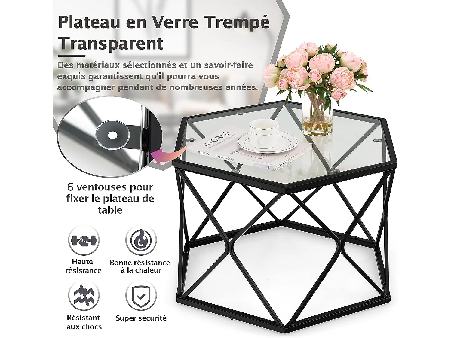 Table Salon Basse avec Plateau en Verre Trempé, 65 x 56 x 40cm, Noir