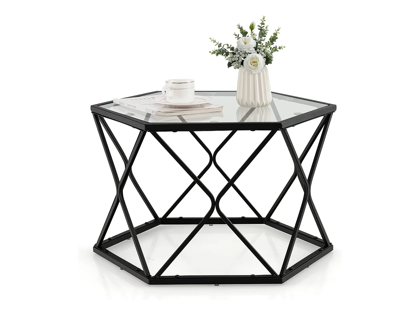 Table Salon Basse avec Plateau en Verre Trempé, 65 x 56 x 40cm, Noir