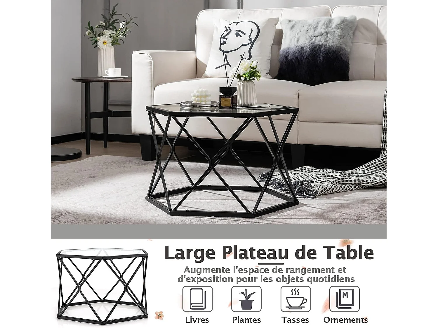Table Salon Basse avec Plateau en Verre Trempé, 65 x 56 x 40cm, Noir