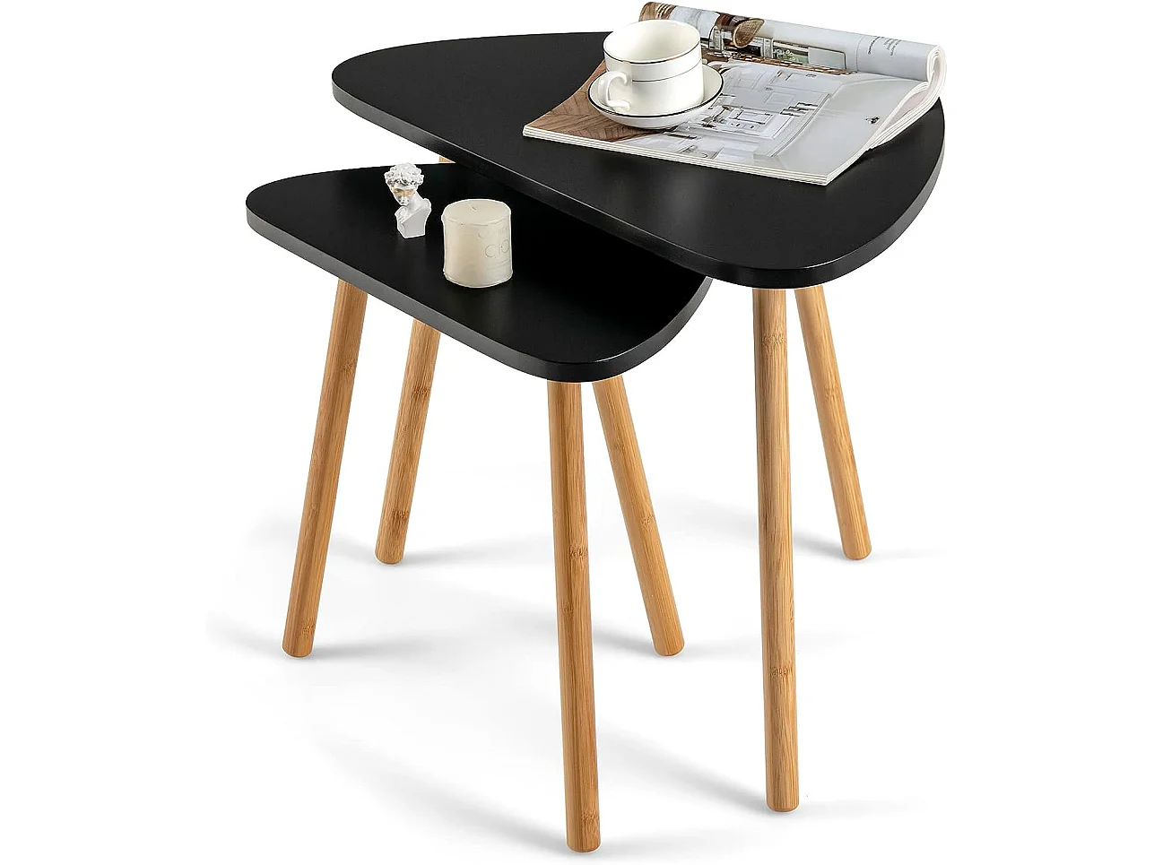 Lot de 2 table basse gigogne scandinave avec pieds en bambou, tables gigognes de salon noir
