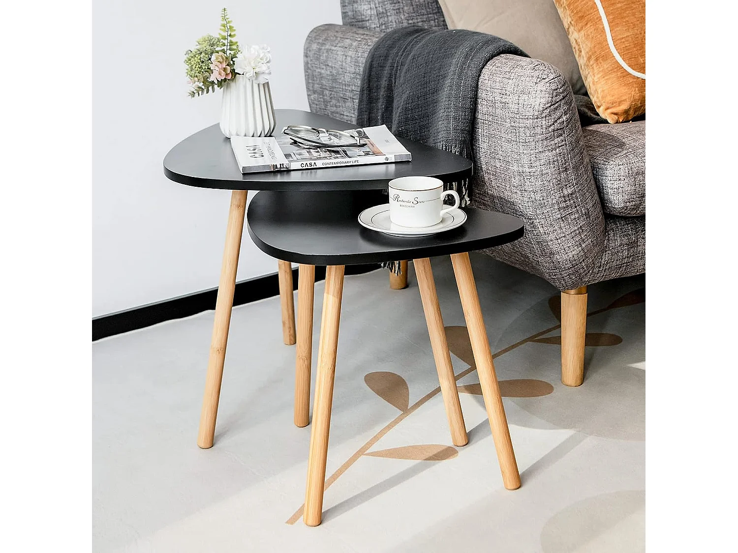 Lot de 2 table basse gigogne scandinave avec pieds en bambou, tables gigognes de salon noir