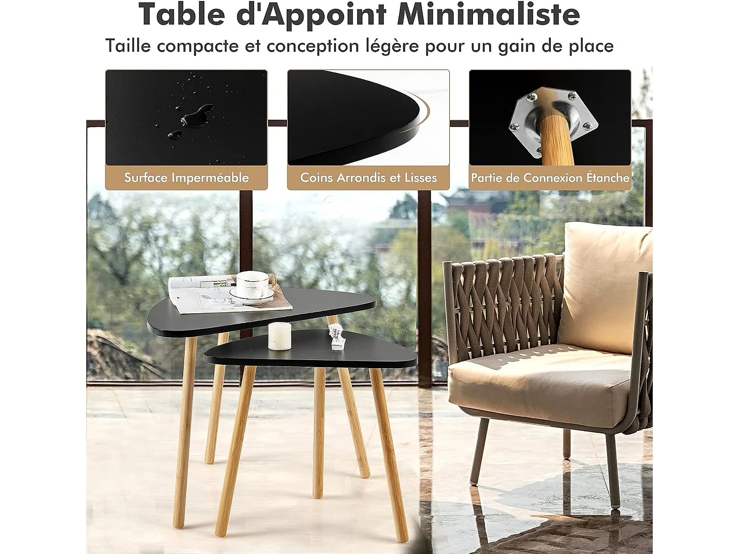 Lot de 2 table basse gigogne scandinave avec pieds en bambou, tables gigognes de salon noir