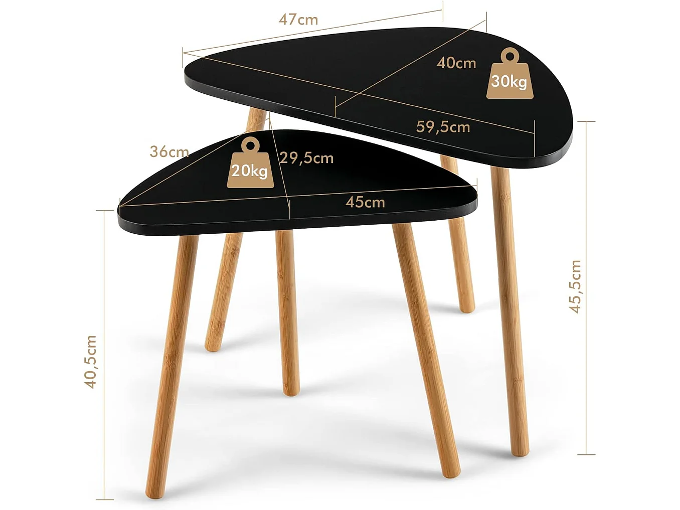 Lot de 2 table basse gigogne scandinave avec pieds en bambou, tables gigognes de salon noir