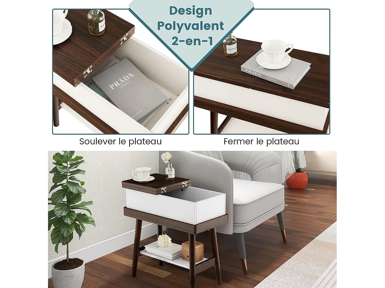 Table d’Appoint Plateau Rabattable à 2 Niveaux avec 4 Pieds en Bois en Caoutchouc, 60 x 30 x 59 cm