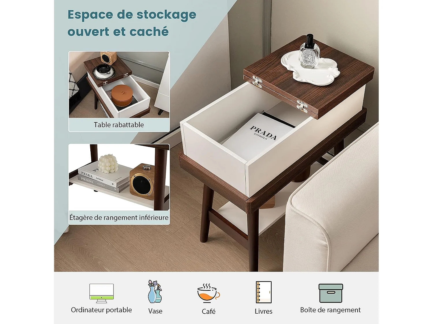 Table d’Appoint Plateau Rabattable à 2 Niveaux avec 4 Pieds en Bois en Caoutchouc, 60 x 30 x 59 cm