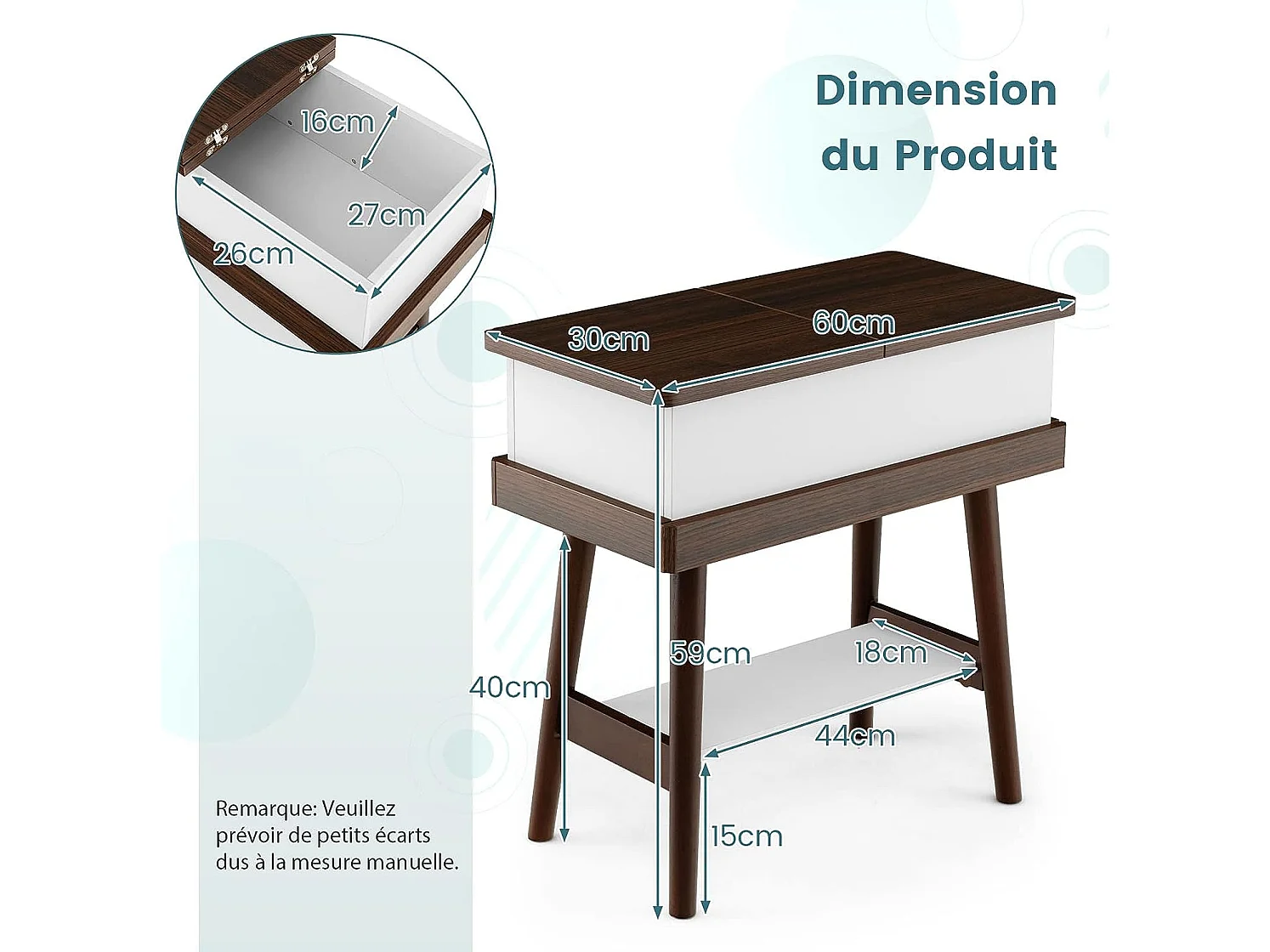 Table d’Appoint Plateau Rabattable à 2 Niveaux avec 4 Pieds en Bois en Caoutchouc, 60 x 30 x 59 cm