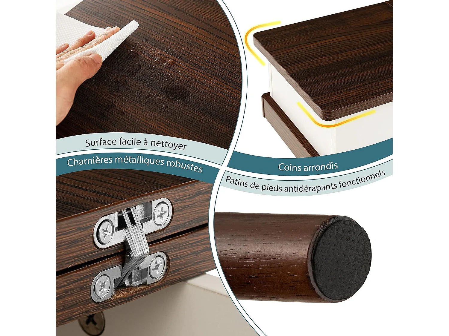 Table d’Appoint Plateau Rabattable à 2 Niveaux avec 4 Pieds en Bois en Caoutchouc, 60 x 30 x 59 cm