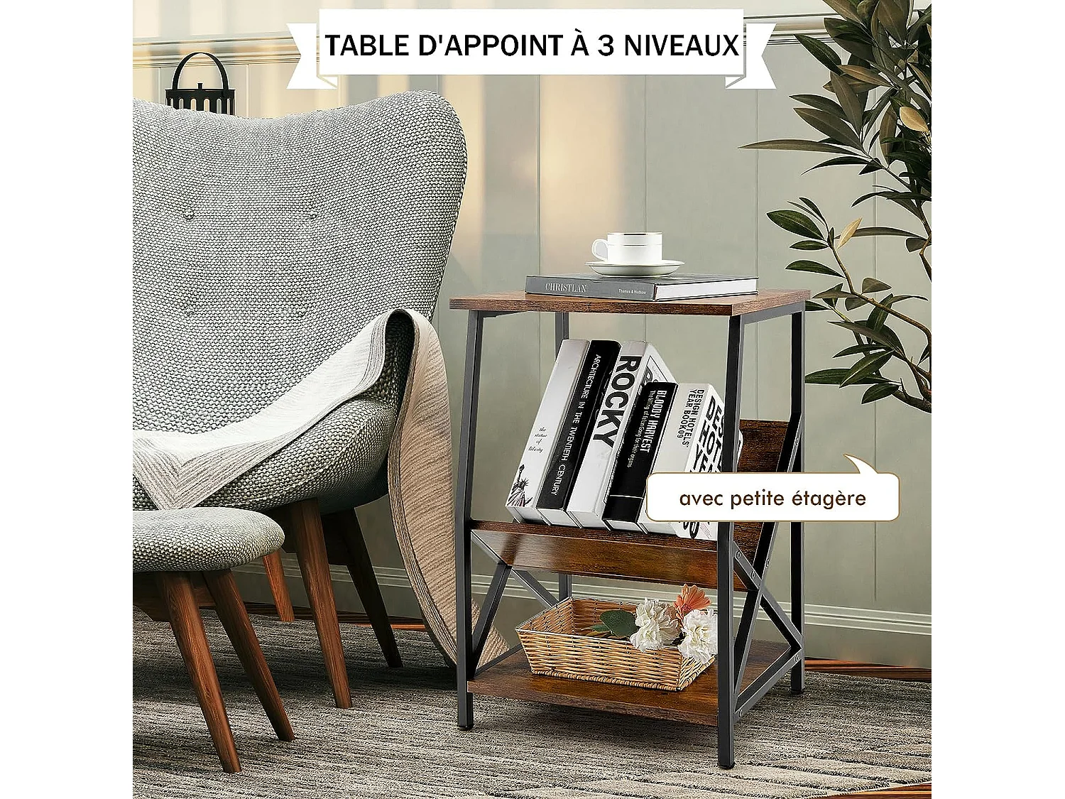Table d'Appoint Industriel, Bout de Canapé 3 Niveaux avec Porte-revues,40 x 30 x 61 cm