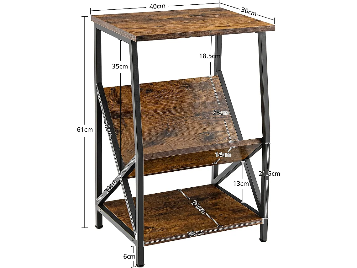 Table d'Appoint Industriel, Bout de Canapé 3 Niveaux avec Porte-revues,40 x 30 x 61 cm