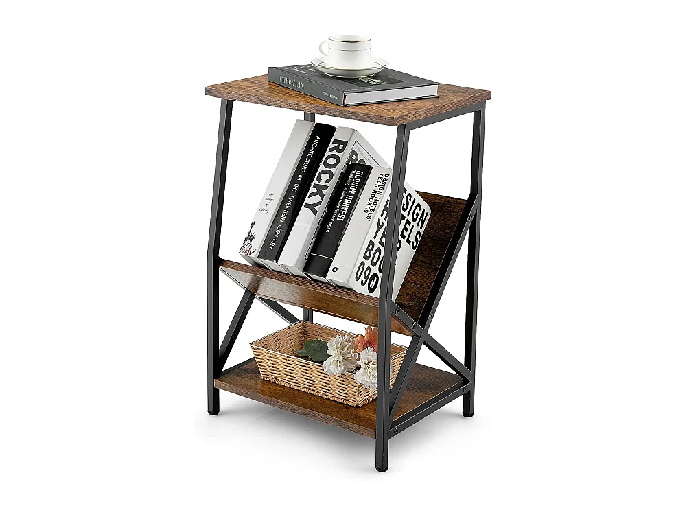Table d'Appoint Industriel, Bout de Canapé 3 Niveaux avec Porte-revues,40 x 30 x 61 cm