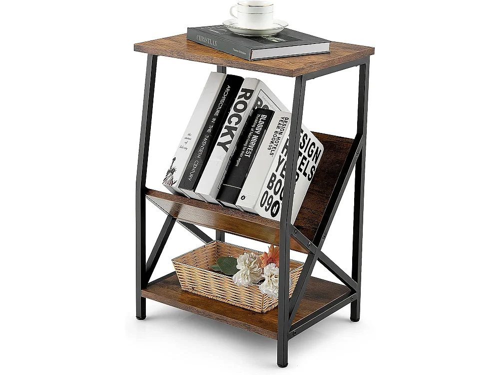 Table d'Appoint Industriel, Bout de Canapé 3 Niveaux avec Porte-revues,40 x 30 x 61 cm