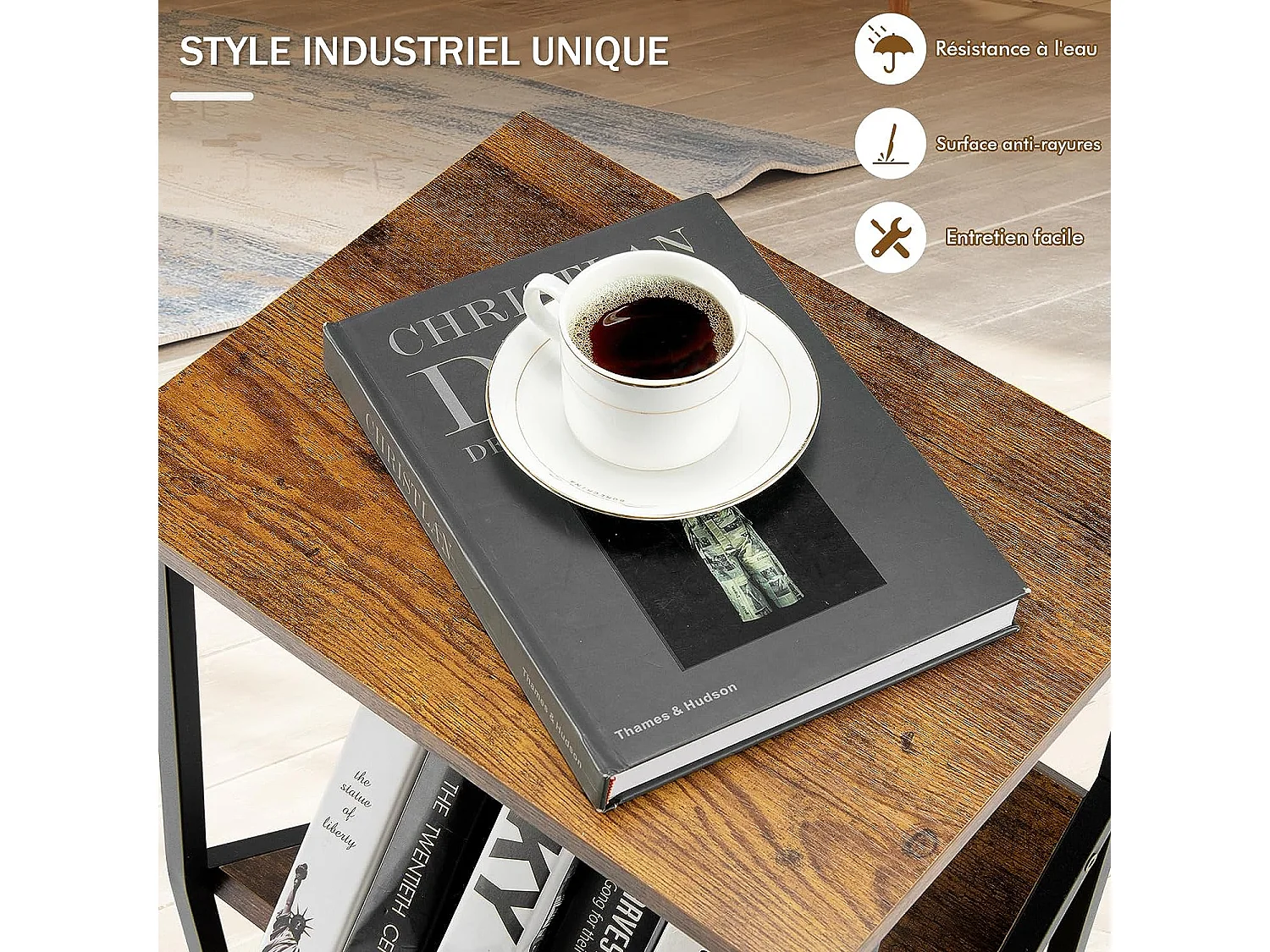 Table d'Appoint Industriel, Bout de Canapé 3 Niveaux avec Porte-revues,40 x 30 x 61 cm