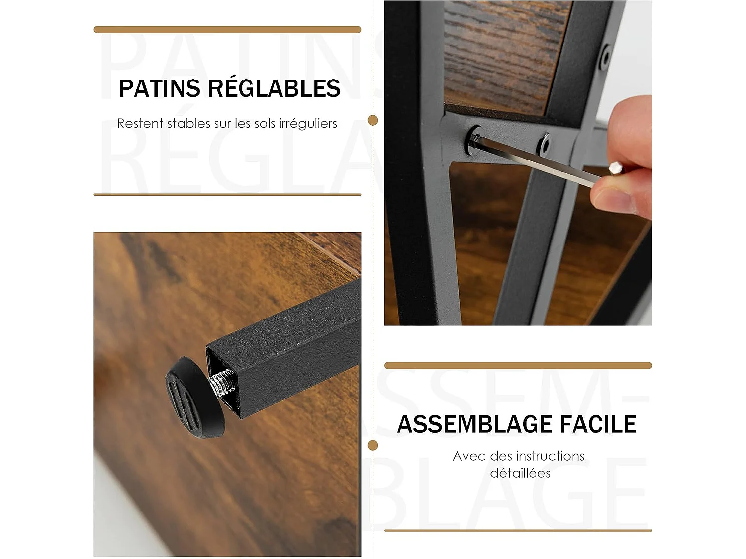 Table d'Appoint Industriel, Bout de Canapé 3 Niveaux avec Porte-revues,40 x 30 x 61 cm