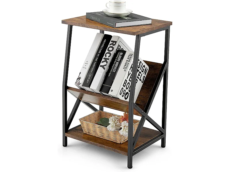 Table d'Appoint Industriel, Bout de Canapé 3 Niveaux avec Porte-revues,40 x 30 x 61 cm