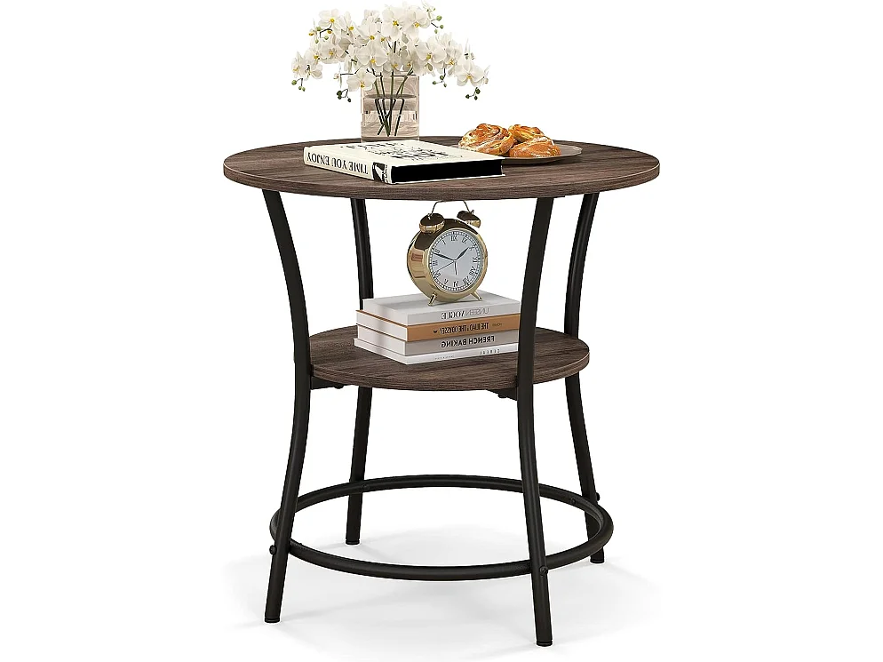 Table d'Appoint Ronde à 2 Niveaux Dia.55 CM, Bout de Canapé Cadre en Métal Charge 70kg,55x55x55cm Gris