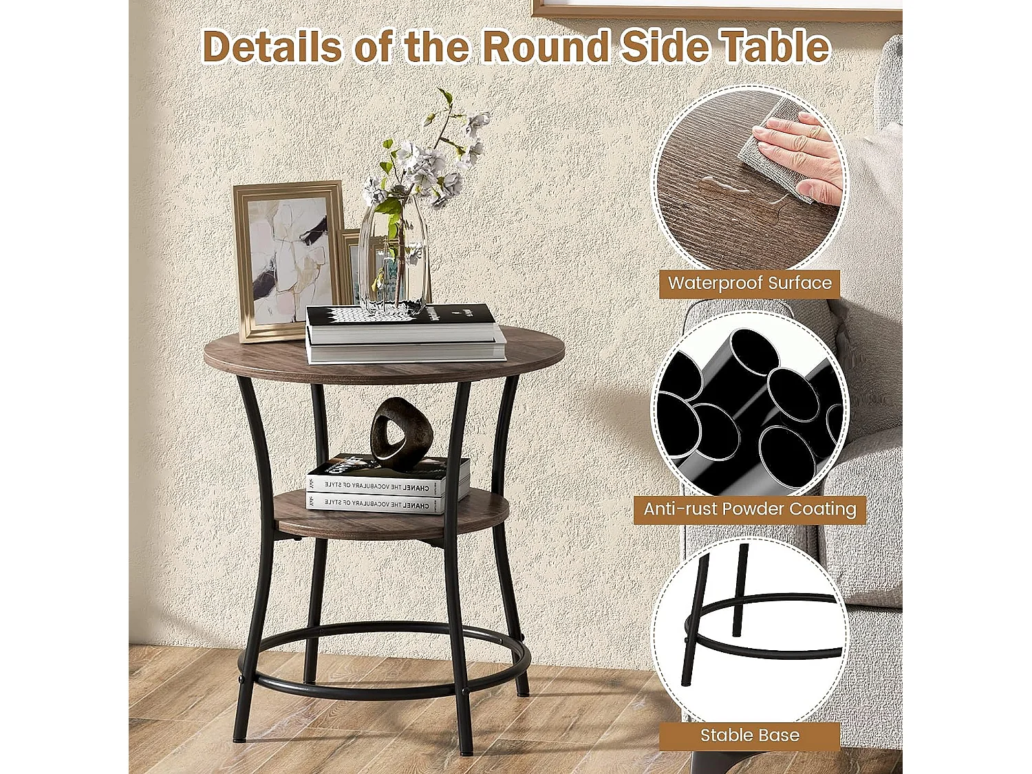 Table d'Appoint Ronde à 2 Niveaux Dia.55 CM, Bout de Canapé Cadre en Métal Charge 70kg,55x55x55cm Gris