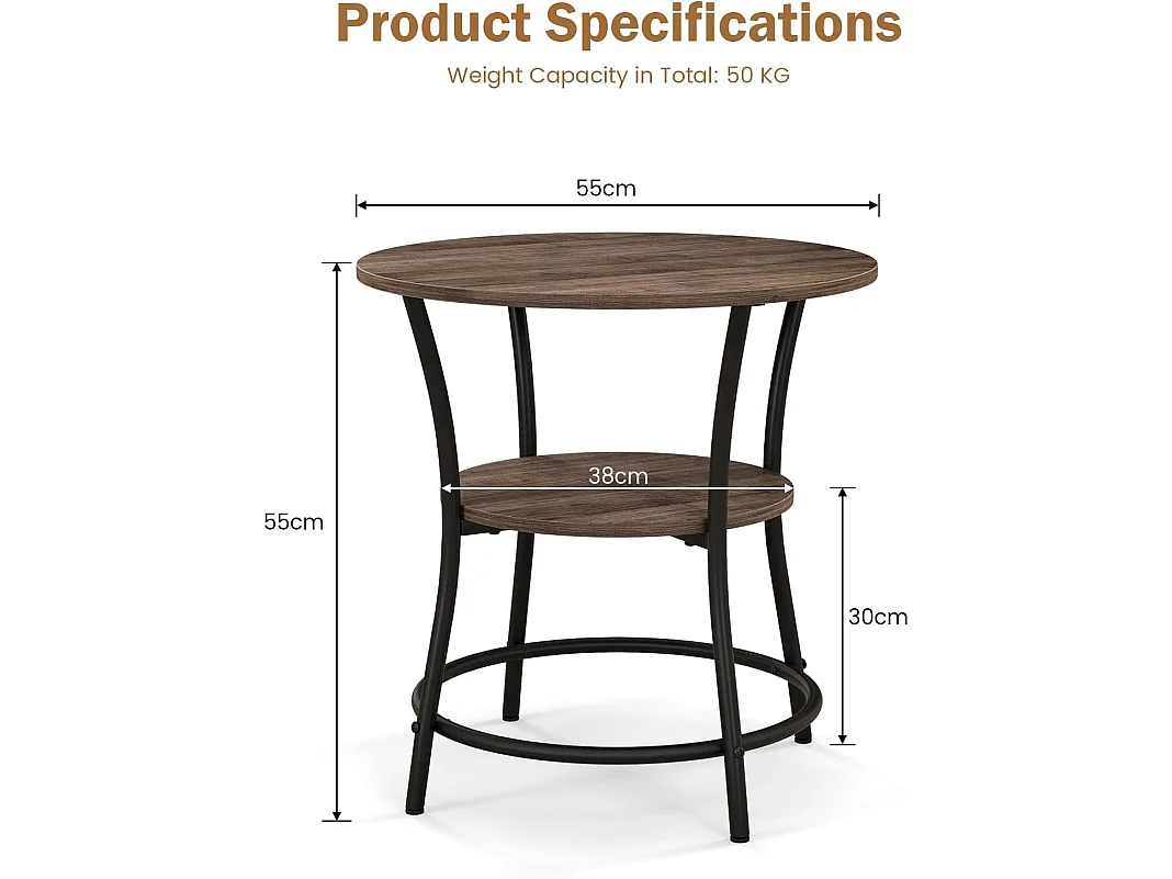 Table d'Appoint Ronde à 2 Niveaux Dia.55 CM, Bout de Canapé Cadre en Métal Charge 70kg,55x55x55cm Gris