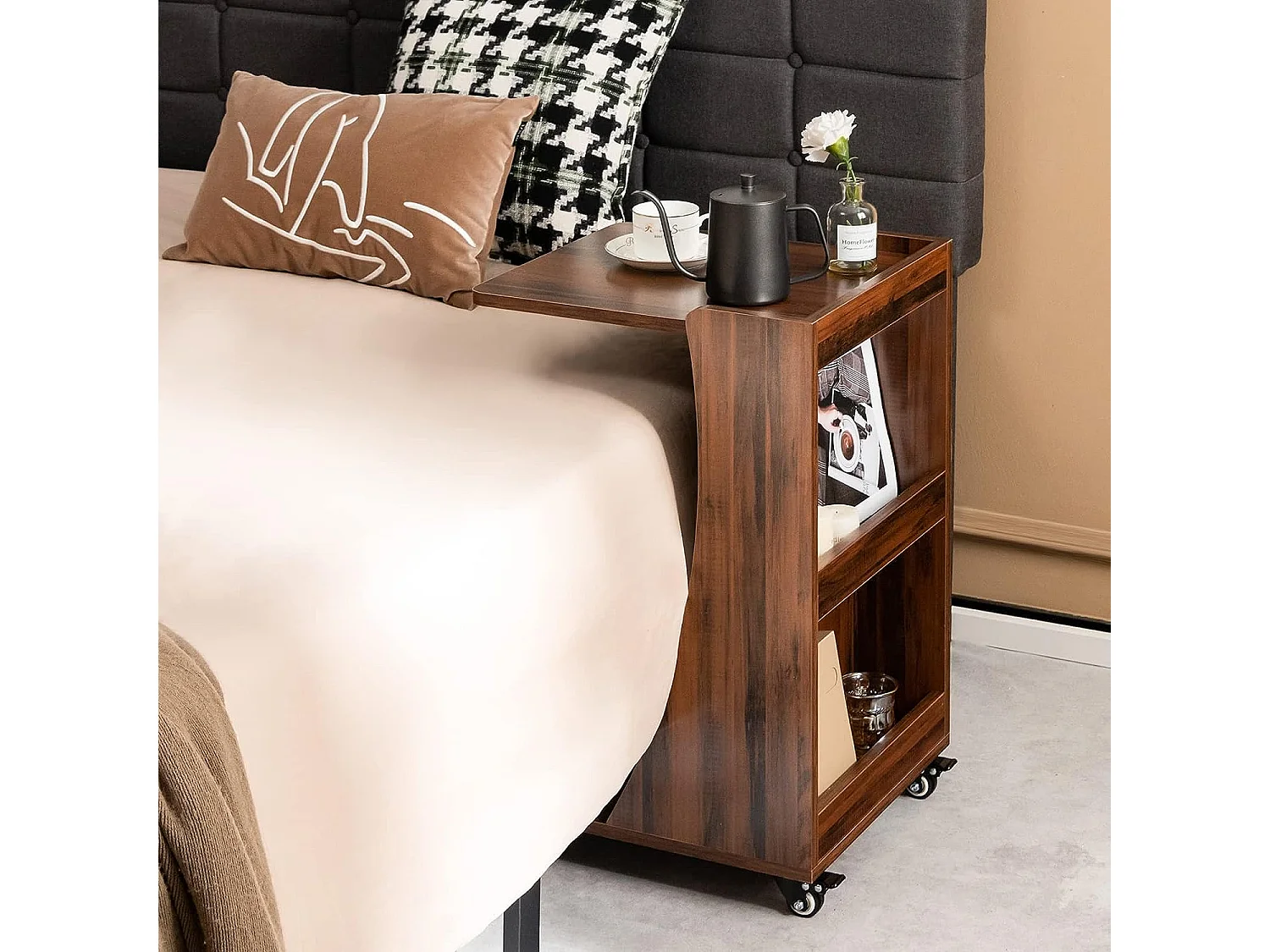 Table d'Appoint à roulettes/Bout de Canapé à 2 Niveaux -Brun