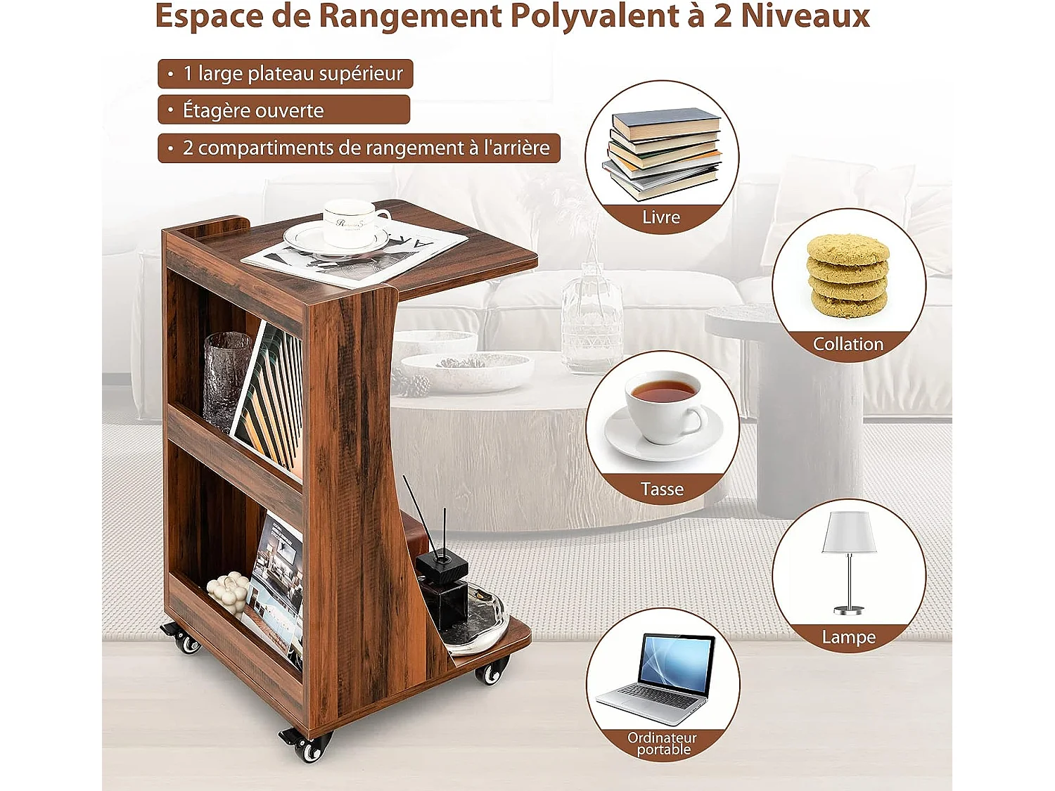 Table d'Appoint à roulettes/Bout de Canapé à 2 Niveaux -Brun