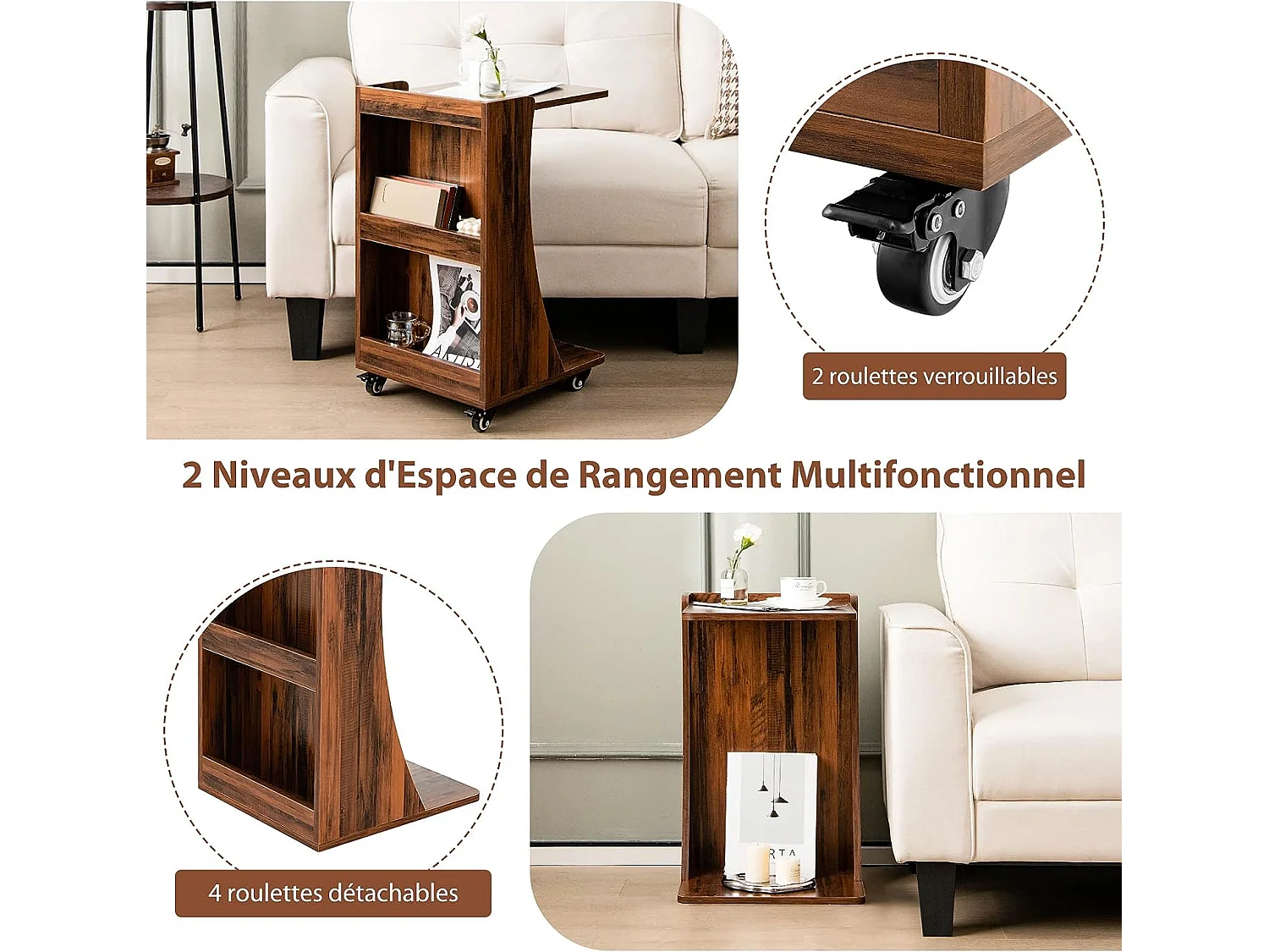 Table d'Appoint à roulettes/Bout de Canapé à 2 Niveaux -Brun