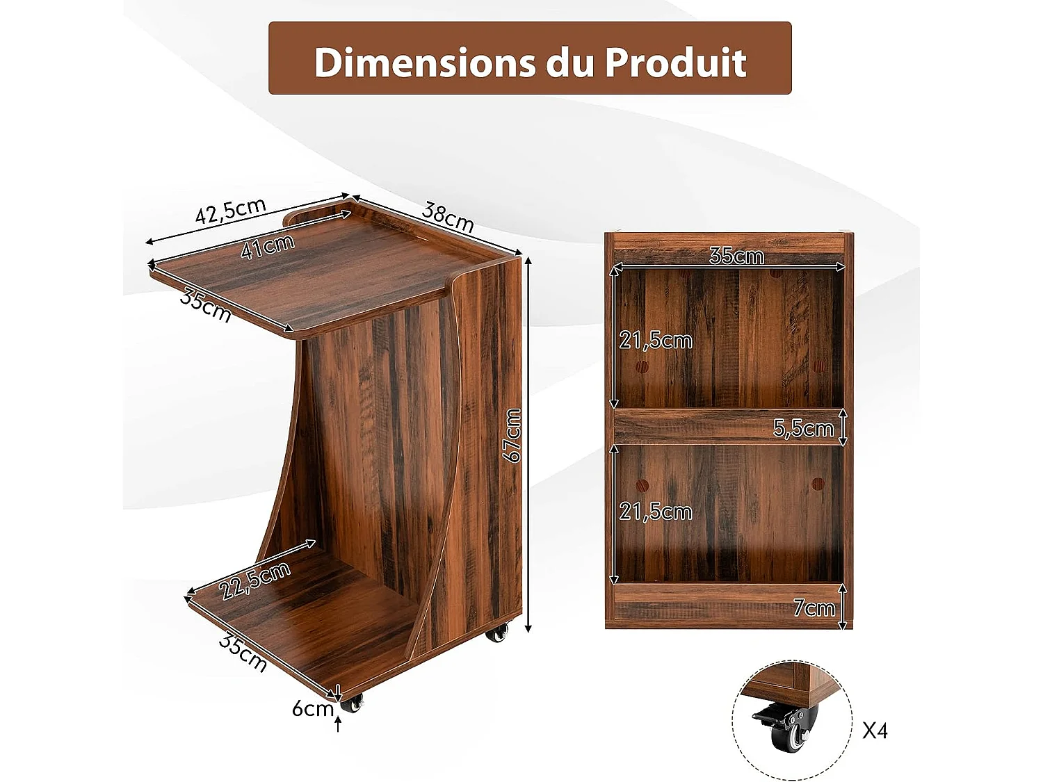 Table d'Appoint à roulettes/Bout de Canapé à 2 Niveaux -Brun