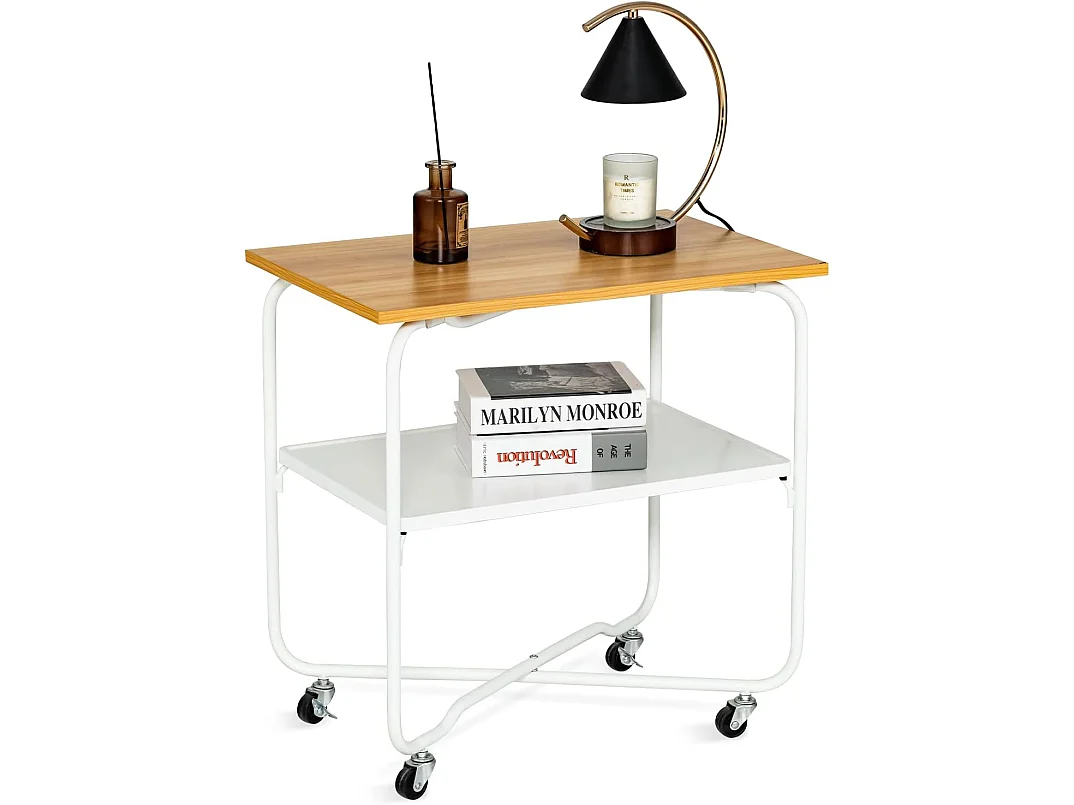 Table d'appoint à roulettes (2 verrouillables) 60x40x61cm,2 etagère de rangement avec cadre métal