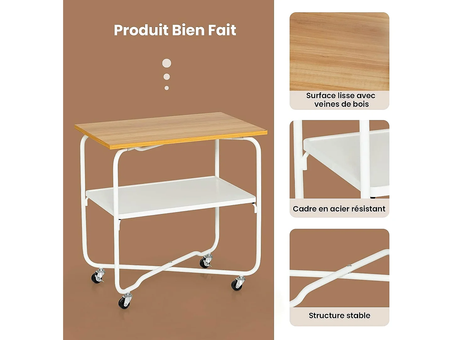 Table d'appoint à roulettes (2 verrouillables) 60x40x61cm,2 etagère de rangement avec cadre métal