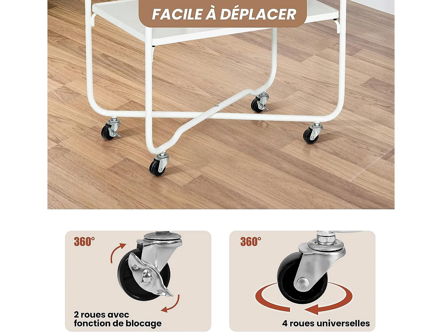 Table d'appoint à roulettes (2 verrouillables) 60x40x61cm,2 etagère de rangement avec cadre métal