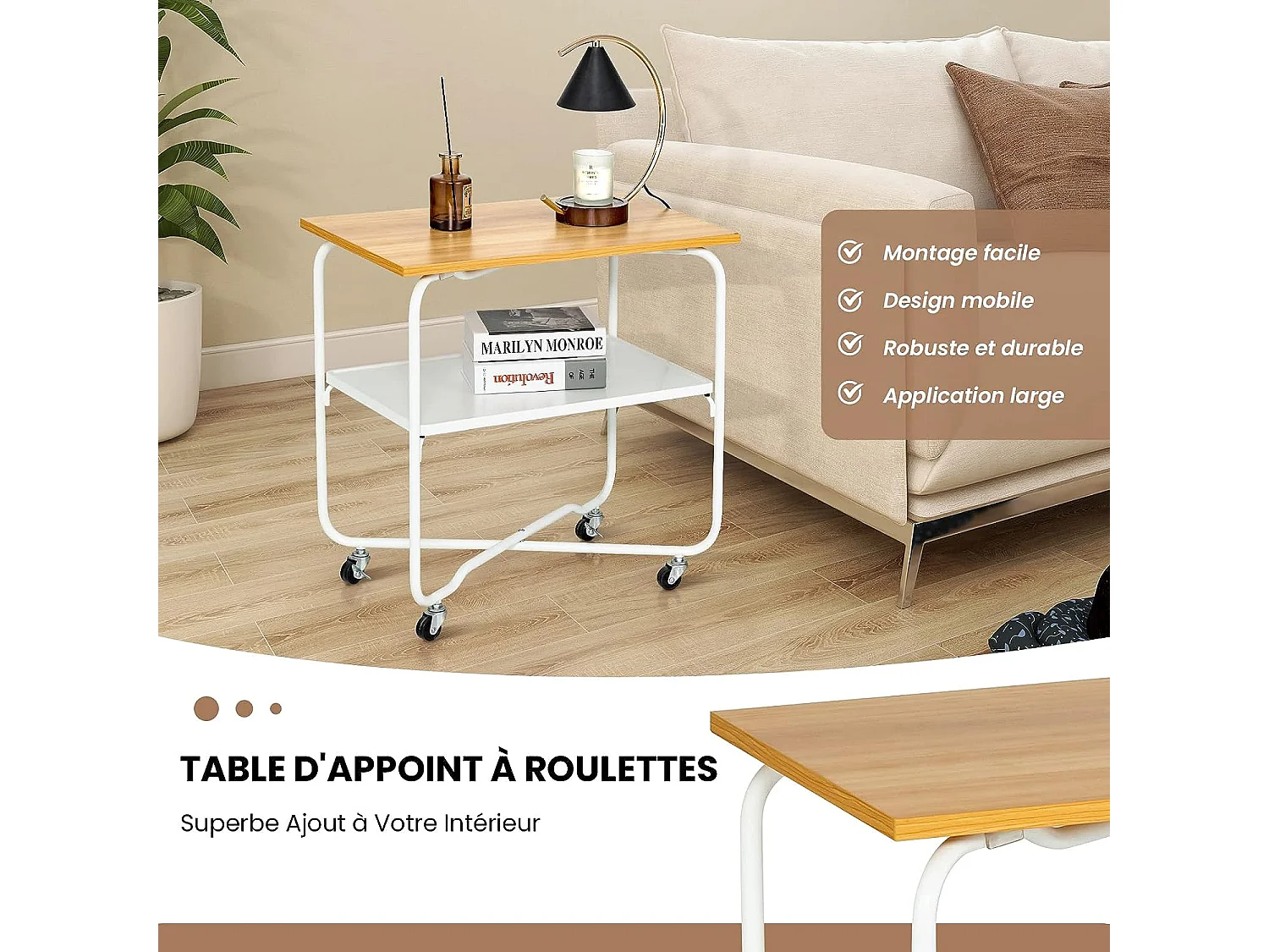 Table d'appoint à roulettes (2 verrouillables) 60x40x61cm,2 etagère de rangement avec cadre métal