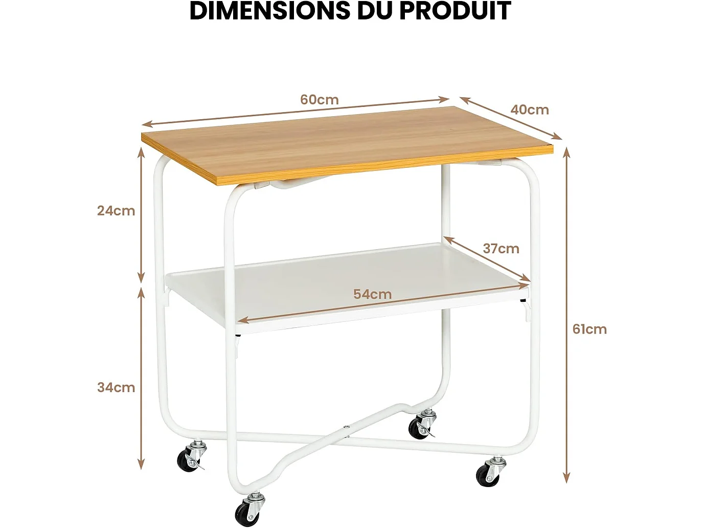 Table d'appoint à roulettes (2 verrouillables) 60x40x61cm,2 etagère de rangement avec cadre métal