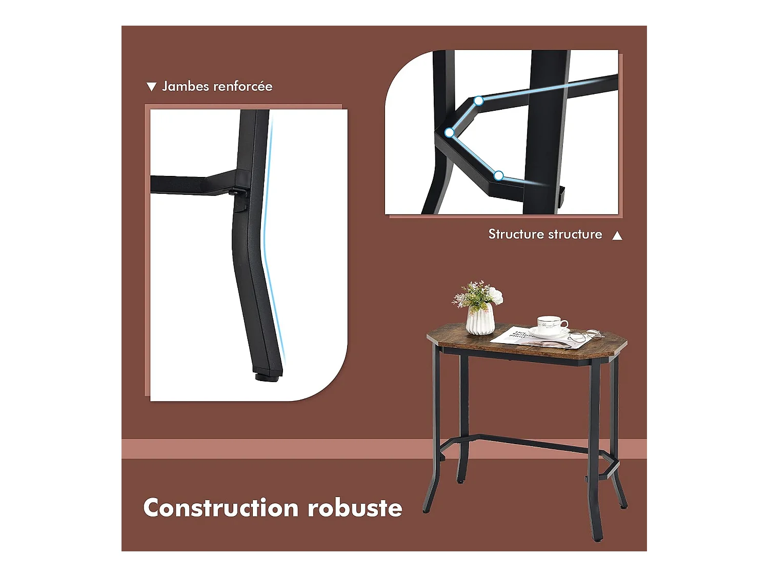 Table d'appoint industrielle, 64 x 32 x 61,5 cm, bout de canapé avec structure en acier stable