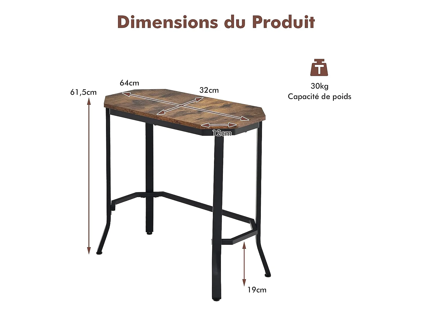 Table d'appoint industrielle, 64 x 32 x 61,5 cm, bout de canapé avec structure en acier stable