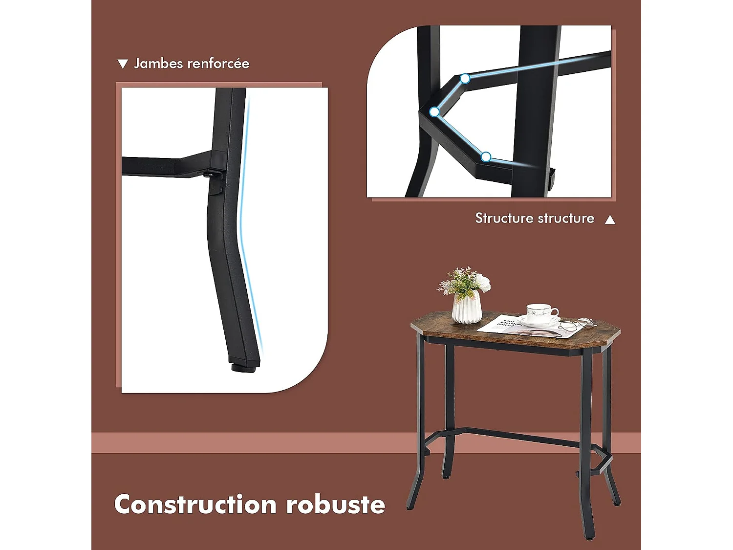 Table d'appoint industrielle, 64 x 32 x 61,5 cm, bout de canapé avec structure en acier stable