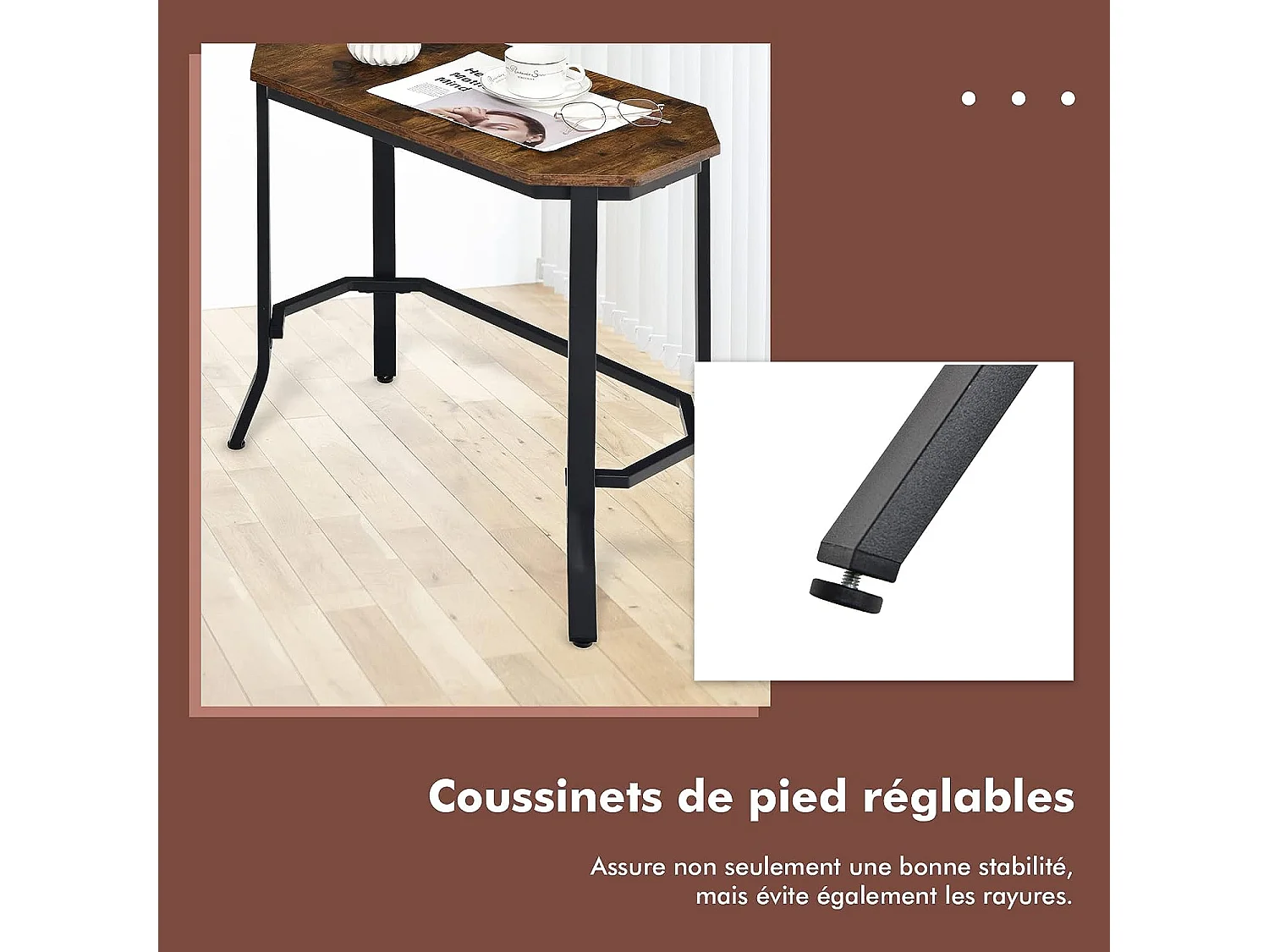 Table d'appoint industrielle, 64 x 32 x 61,5 cm, bout de canapé avec structure en acier stable